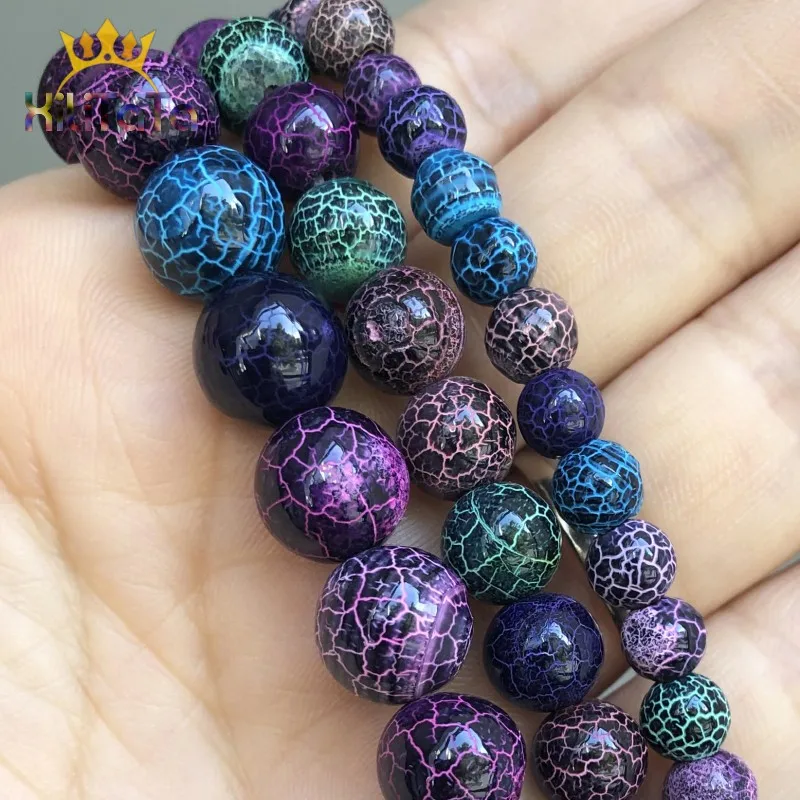Natural Stone Smooth Colorful Cracked Dream Fire Dragon Veins Agates Beads For Jewelry DIY Making Bracelet 15'' Strands 6 8 10mm |