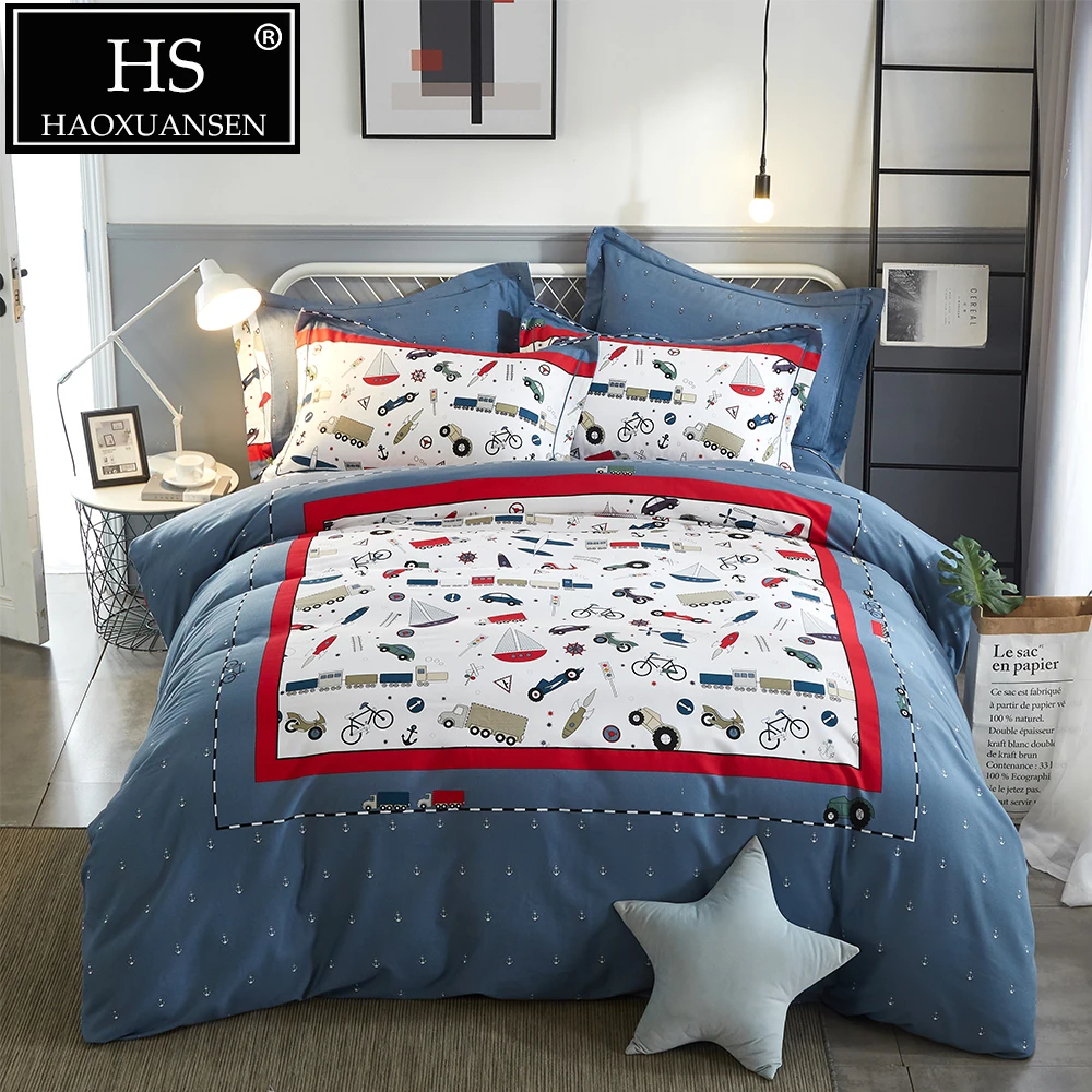 

Vehicles Printed Sanding Cotton Bedding set Blue Vector Pattern 4 Pieces Soft Warm Duvet Cover for Winter Queen King Size