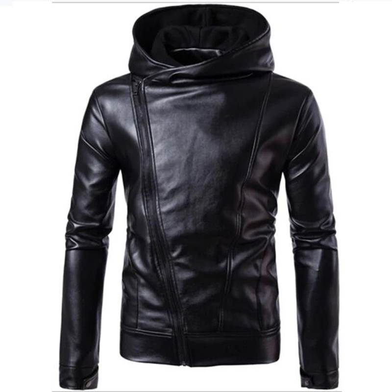 Мужские мотоциклетные кожаные куртки, зимние мужские модные повседневные куртки с капюшоном, мужские теплые кожаные куртки с капюшоном, ветрозащитные пальто - Цвет: Черный