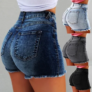 

Cross border hot women's jeans shorts with fringed holes and high waist hot