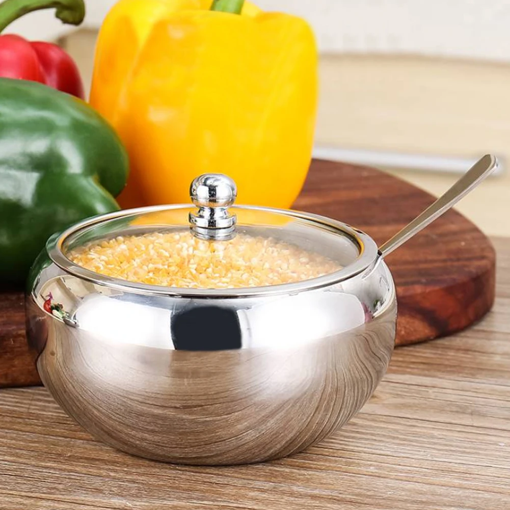 Seasoning Tank + Spoon /Set Household Thicker Stainless Steel tank Coffee Jam Lid Salt Spoon Bowl Sugar Box Kitchen Cooking Tool