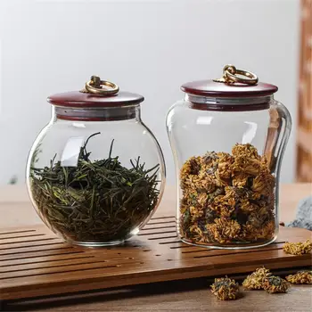 

Glass Sealed Jar Wooden Lid Sealed Can Storage Tank Grains Storage Jar Tea Coffee Bean Containers Kitchen Storage Cans