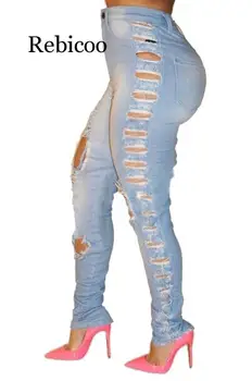 

New Autumn Winter Female Denim Pants Women High Waist Solid Color Sexy Fashion Frayed Hole Long Pencil Trousers