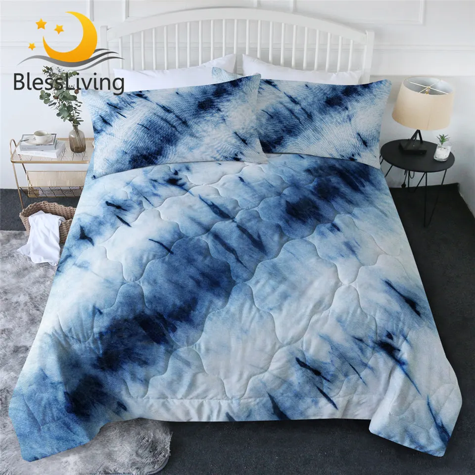 

BlessLiving Tie Dye Quilt Blanket Indigo Summer Bedspreads Blue and White Comforter Watercolor Duvet With Pillowcases colchas