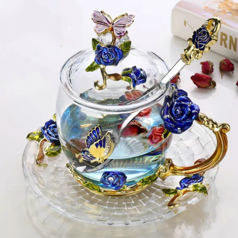 Goede Rode Roos Emaille Glas Koffie Mokken Thee Kopjes En Mokken Handgemaakte Hittebestendige Glazen Water Cup Drinkware Lover Gift Bruiloft cup