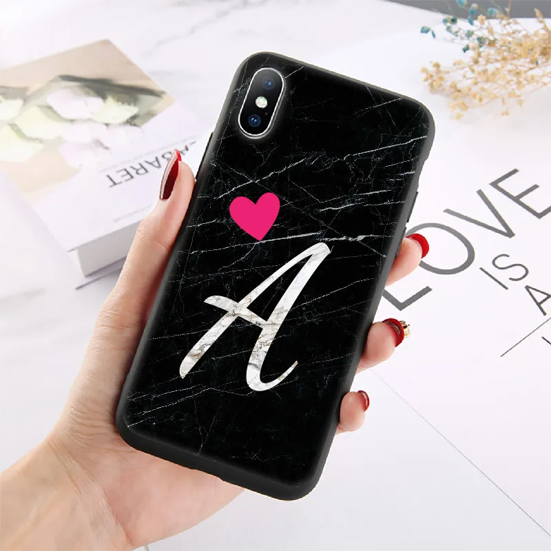 Custom Marble Heart Girl Initials Alphabet Phone Case Cover For iPhone XS Max X XR 11 Pro 8 8Plus 7 7Plus Soft Silicone | Мобильные
