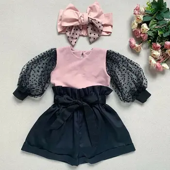 

3Pcs Summer Baby Girl Clothes Mesh Long Sleeve T-Shirt Shorts Bowknot Headband Pageant Party Outfits Set 2-6 Years
