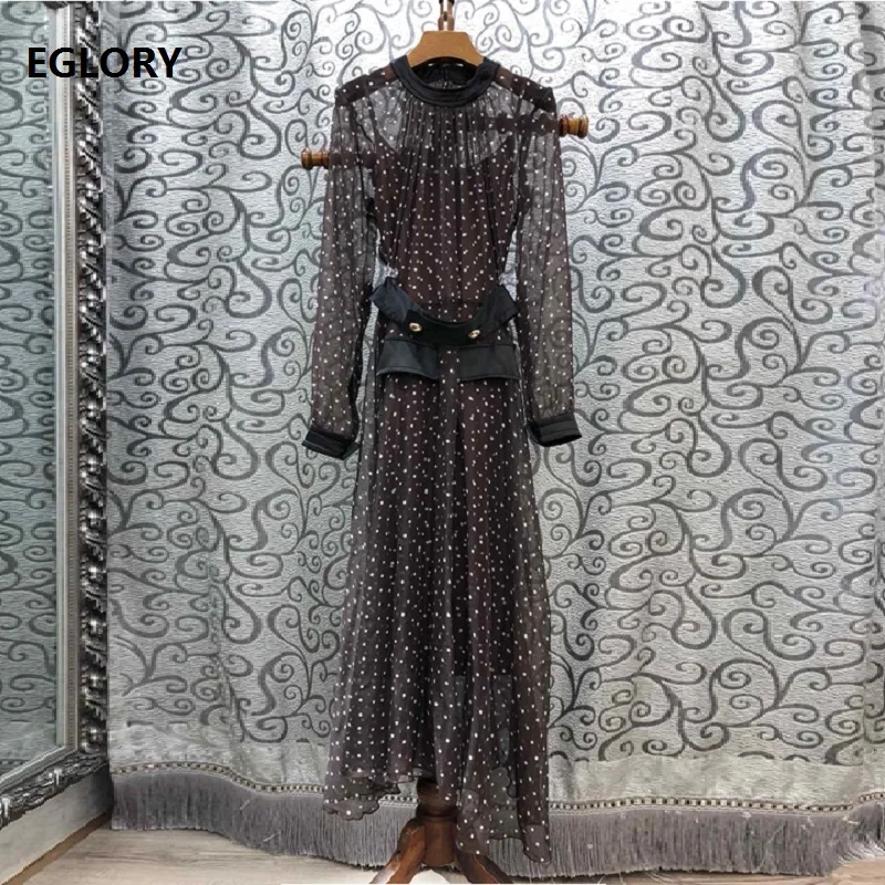

Top Quality New 2019 Autumn Long Party Evening Vestidos Women O-Neck Golden Beading Belt Polka Dot Print Long Sleeve Maxi Dress