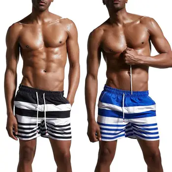 

Fashion Stripe Print Summer Beach Pants Men Drawstring Swimwear Boxers Shorts