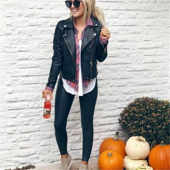 

Zipper Up Ladies Coats Jackets Women Long Sleeve Stand Collar Leather Jacket Loose Warm Zip Leather Jacket