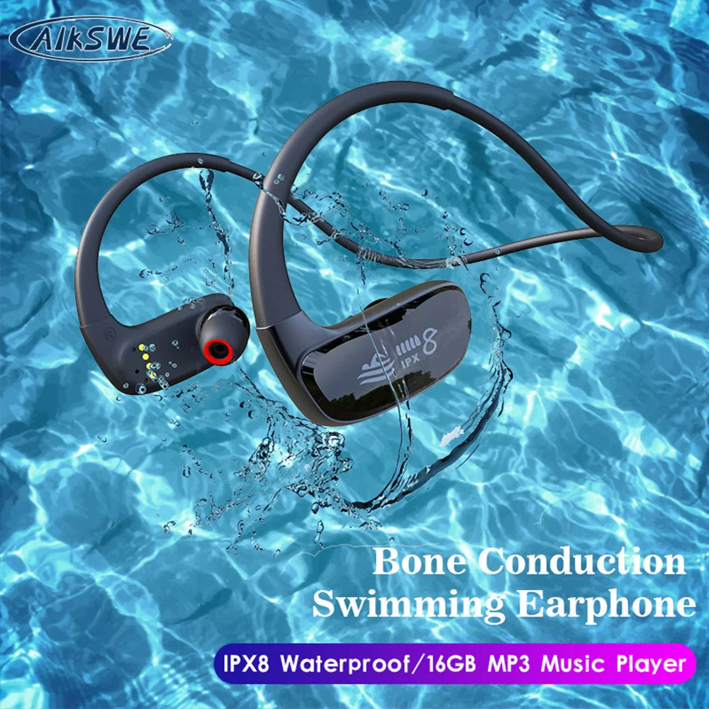 AIKSWE Bone Conduction Swimming IPX8 Waterproof Headphone Wireless Bluetooth Earphone 16GB MP3
