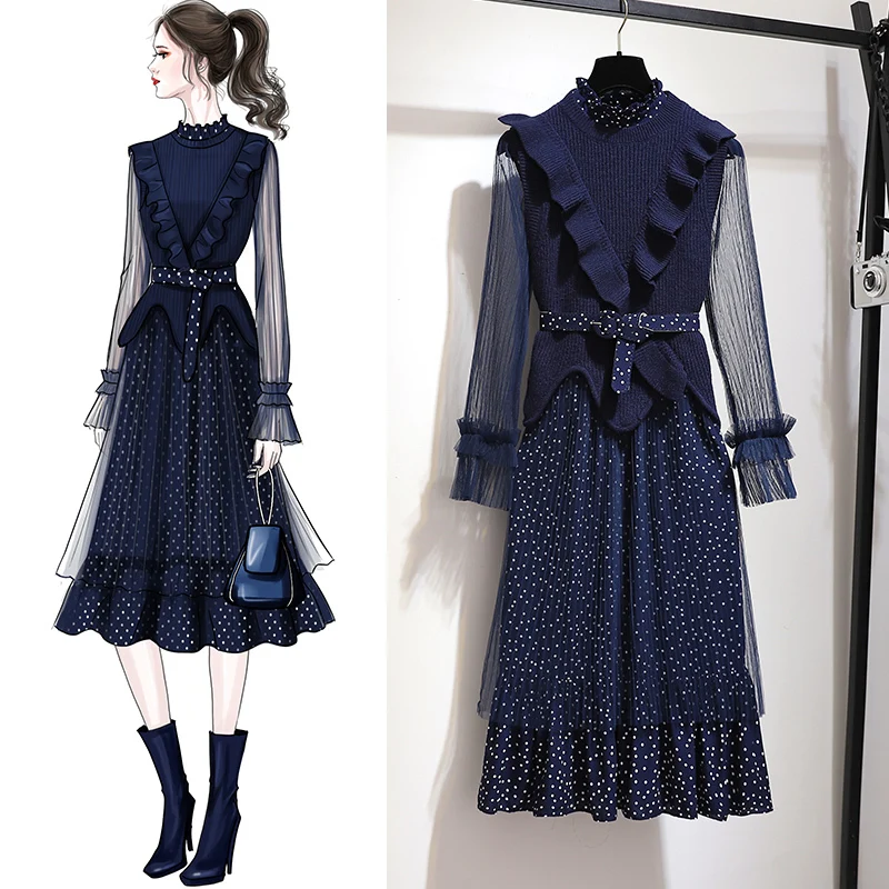 Весенне осеннее платье женская одежда 2020 длинное Сетчатое свитер в Корейском