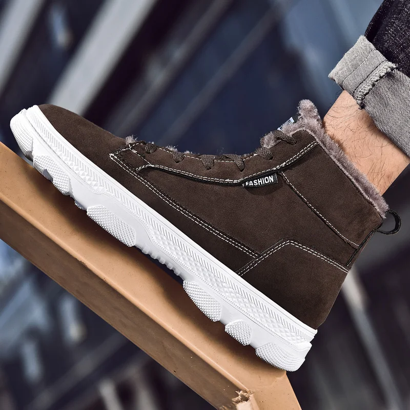 Men Boots Short Plush Warm Snow Boots Fashion Ankle Boots Winter Comfortable Men flats Men Footwear Black - Цвет: brown