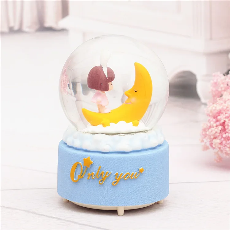 Crystal Ball Music Box Pink Girl Lovers Star Moon Rainbow Unicorn Glowing Snowflakes Music Box Home Decoration Desktop Ornament 6