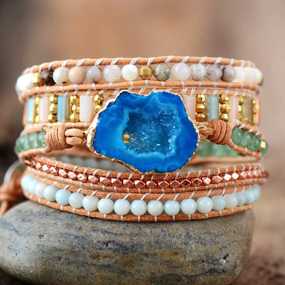 Leather Bracelets Unique Mixed Natural Stones Gilded Drusy Charm 5