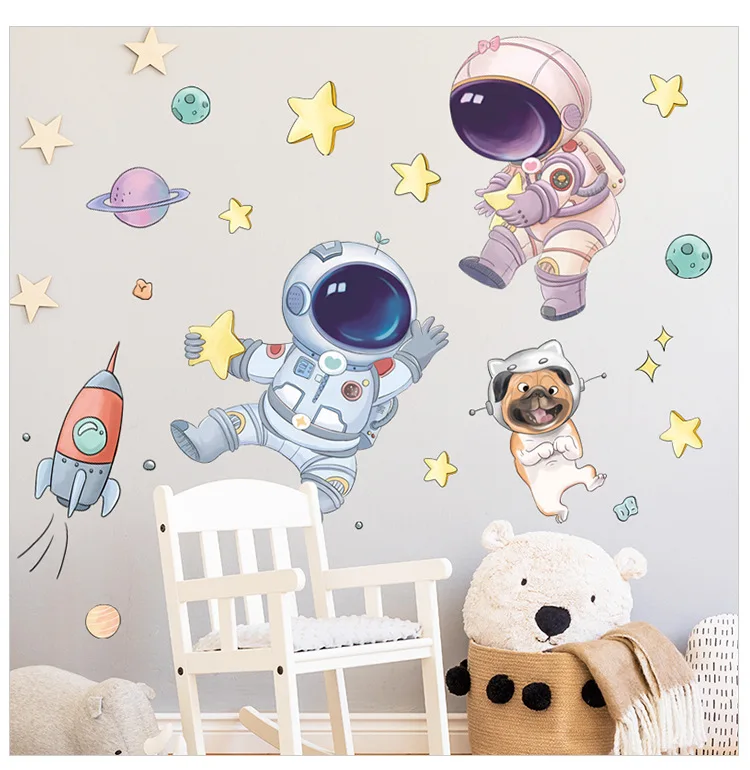 Stickers Muraux Astronautes Et Planètes SHUCHING - 3 Feuilles 30x90cm, Vinyle Facile à Poser - Décoration Chambre Enfant, Salon