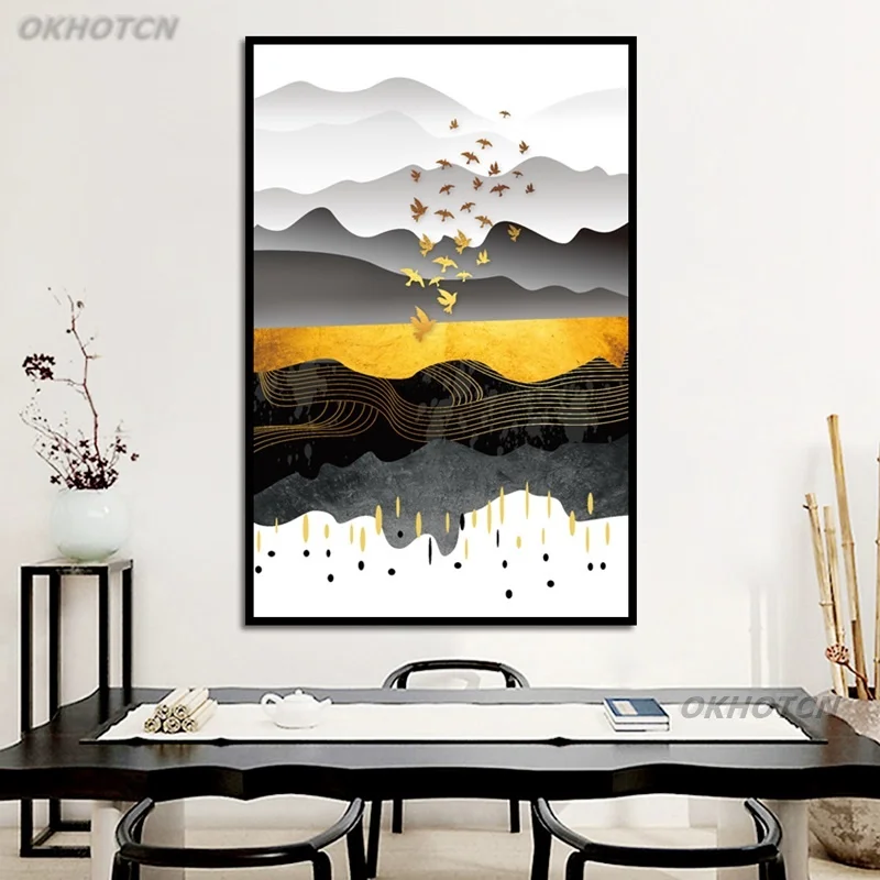 

Wall Art Picture Living Room Aisle Home Decor Abstract Landscape Canvas Painting Golden Line Bird Modern Print Poster Minimalism