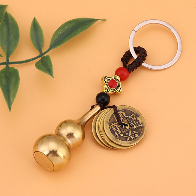 Brass Money Bag Keychain Pendant Handmade Rope Lucky Feng Shui Hanging Jewelry Ancient Five Emperors Coins Car Key Chain