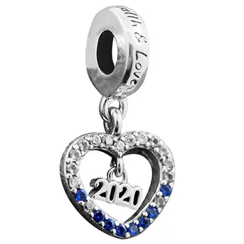 

New 925 Sterling Silver Bead Charm Sparkling Heart 2020 New Year With Crystal Pendant Beads Fit Pandora Bracelet Diy Jewelry