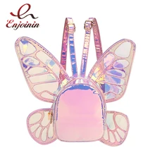 Fashion Women's Laser Holographic Leather Mini Backpack Butterfly Angel Wings Daypack for Girls Travel Casual Daypack School Bag