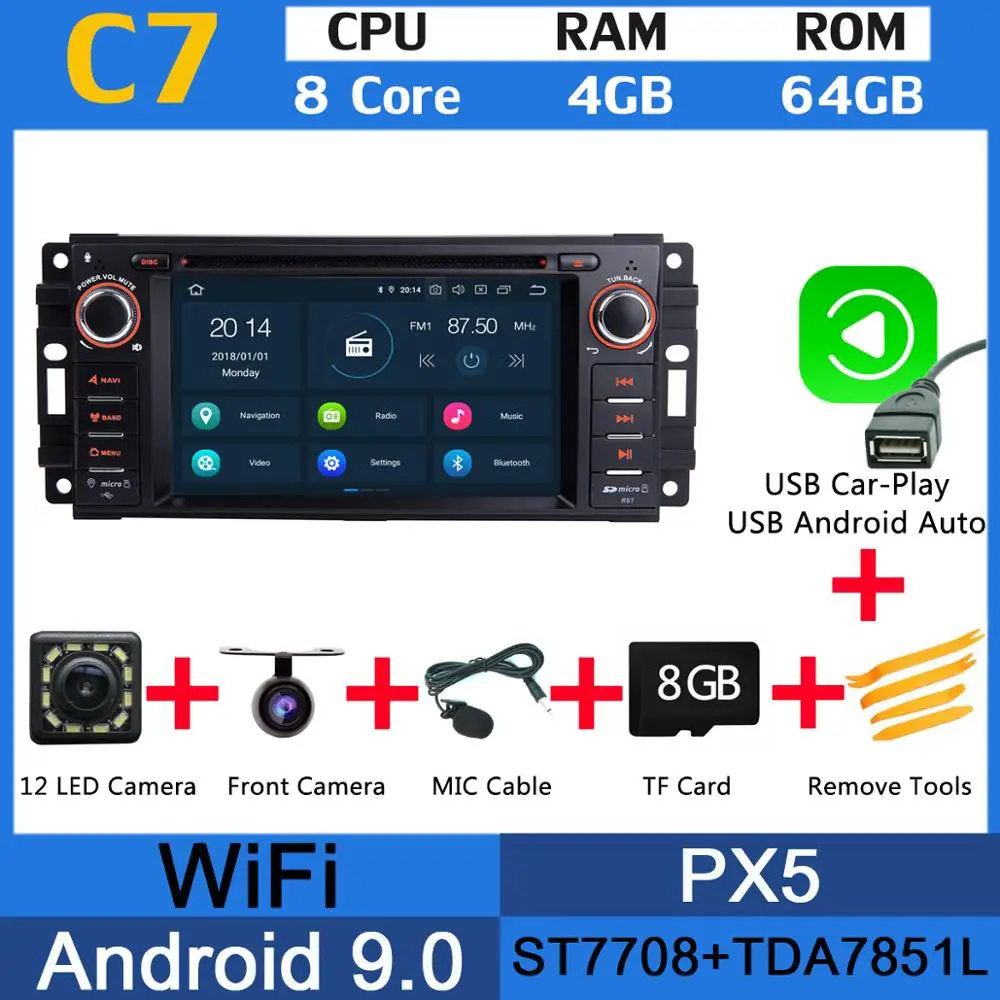 PX6 4G+ 64G Android 9,0 Автомобильный DVD радио gps для Jeep Wrangler Компас Commander Cherokee Dodge caliber путешествие Liberty CarPlay DSP - Цвет: PX5 USB CarPlay