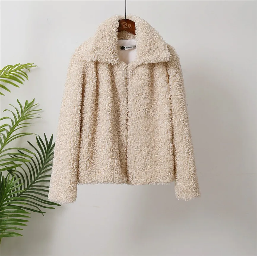 

Coat Women Long Sleeves Plus Velvet Solid Color Turn -Down Collar Wool Lamb Short Coat Autumn And Winter Lapel Plus Size Coat Y8