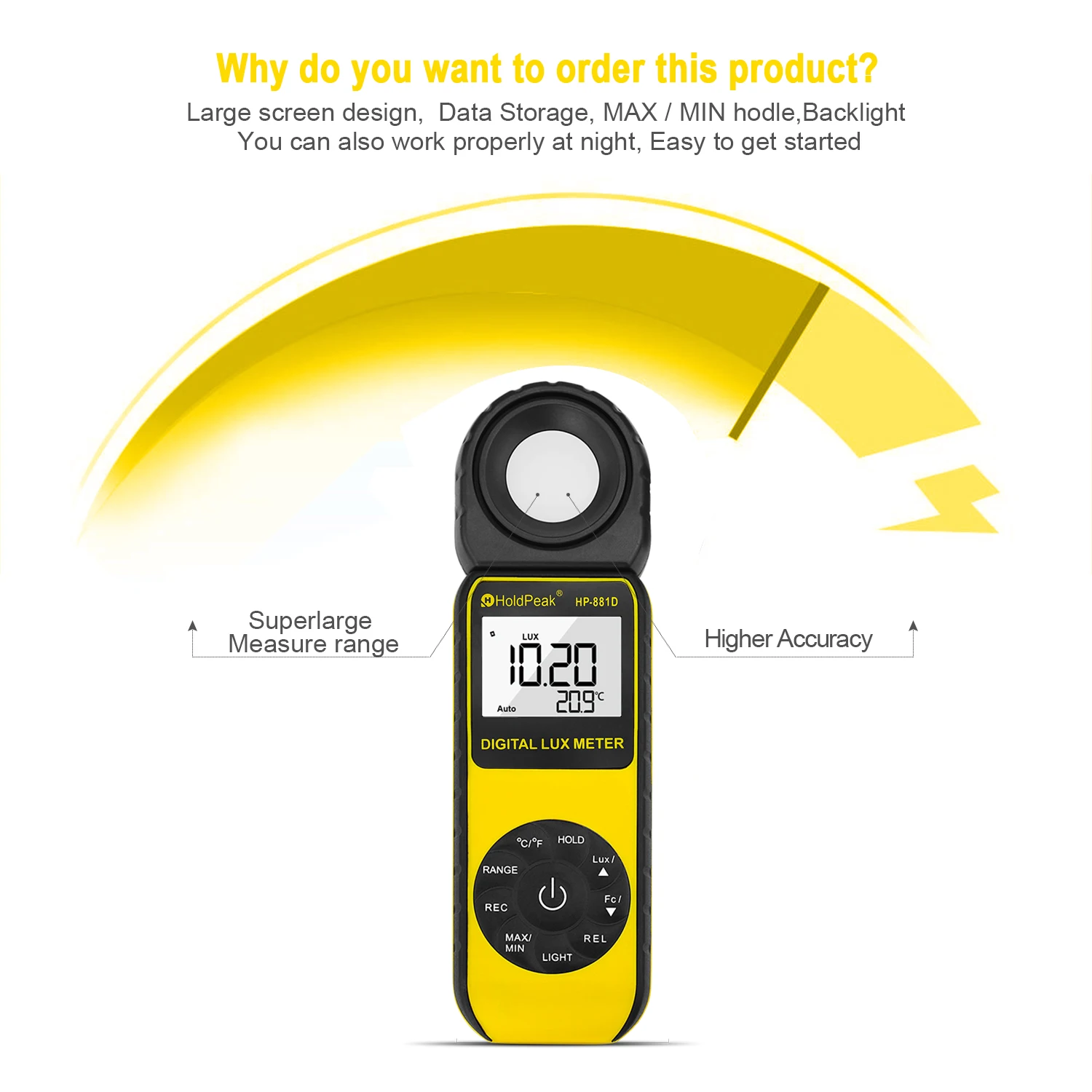 HoldPeak HP-881D New Digital LUX Meter 4000,000 LUX/FC selection High Precision Digital Luxmeter Handheld Type Illuminometer most accurate tape measure