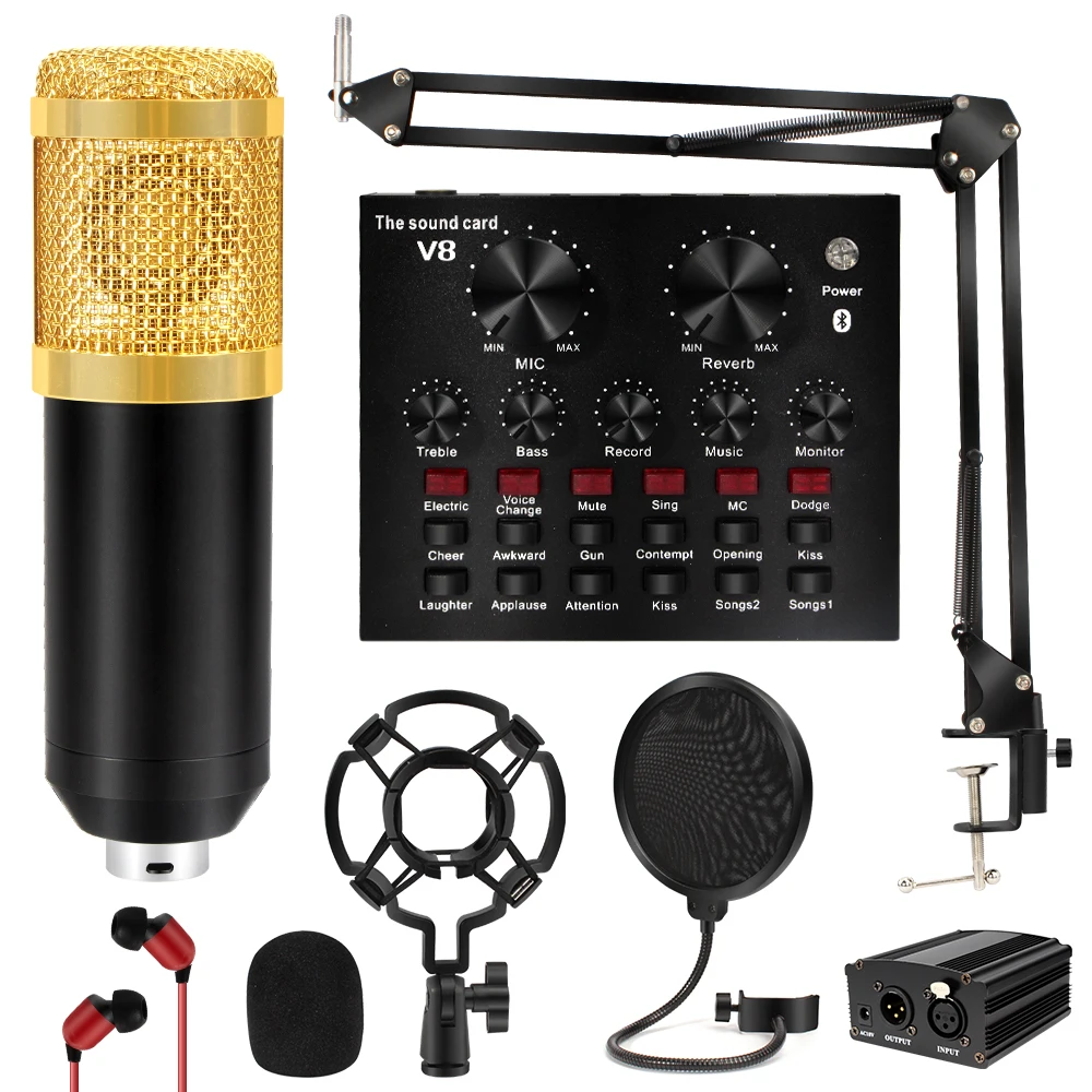 BM-800 Condenser Microphone with Suspension Scissor Arm Cardioid V8 Sound Card for YouTube Recording Singing | Электроника