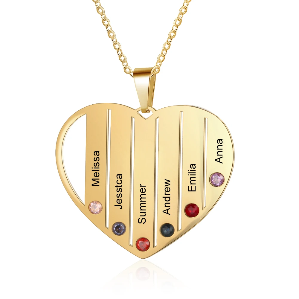 

Customized Necklace Fashion Stainless Steel Jewelry Gold Heart Pendant Engrave 6 Names Birthstones Promise Family Gift for Women