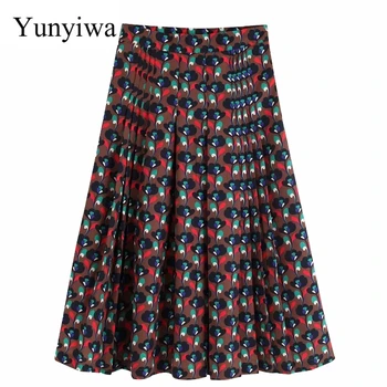 

2020 Women Vintage Floral Printing Casual Pleated Midi Skirt Faldas Mujer Ladies Chic Autumn Brand Mid Calf Skirts