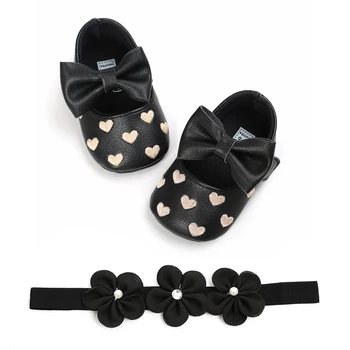 

Baby Baptism Shoes and Headband Set Cute Heart Princess Soft Breathable Dress Shoes and Flower Hairband for Infant Newborn Girls