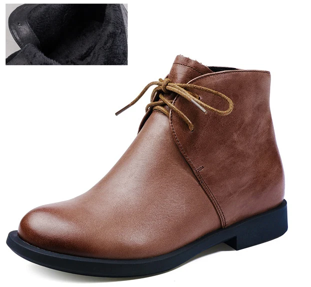 Female Genuine Cow Leather Woman Lace-up Ankle Black Boots Coffee Rubber Low Heels Height Zipper Riding Normal Size 35-40 - Цвет: camel with plush