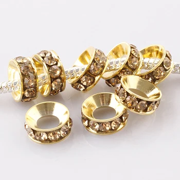 

Wholesale 100pcs Tawny Rhinestone Crystal Gold Color Metal Spacer Large Hole Charms Beads For Making Jewelry European Bracelet