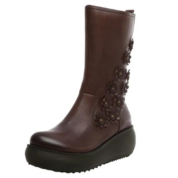 

Genuine Cow Leather Zipper Mid-calf Black Boots Shoes For Women High Heels Winter Flowers Riding Footwear Boots Retro Handmade