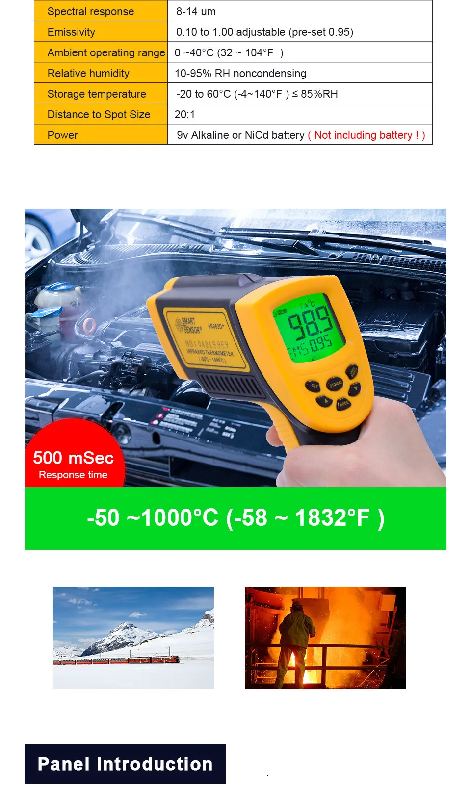 AR862D инфракрасный термометр, цифровой ИК лазерный температурный пистолет, бесконтактный инфракрасный пирометр с 0,10 до 1,00 регулируемой излучательностью