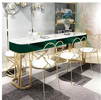 

Web celebrity marble manicure table and chair set single double gold ironwork double deck manicure table simple light luxury