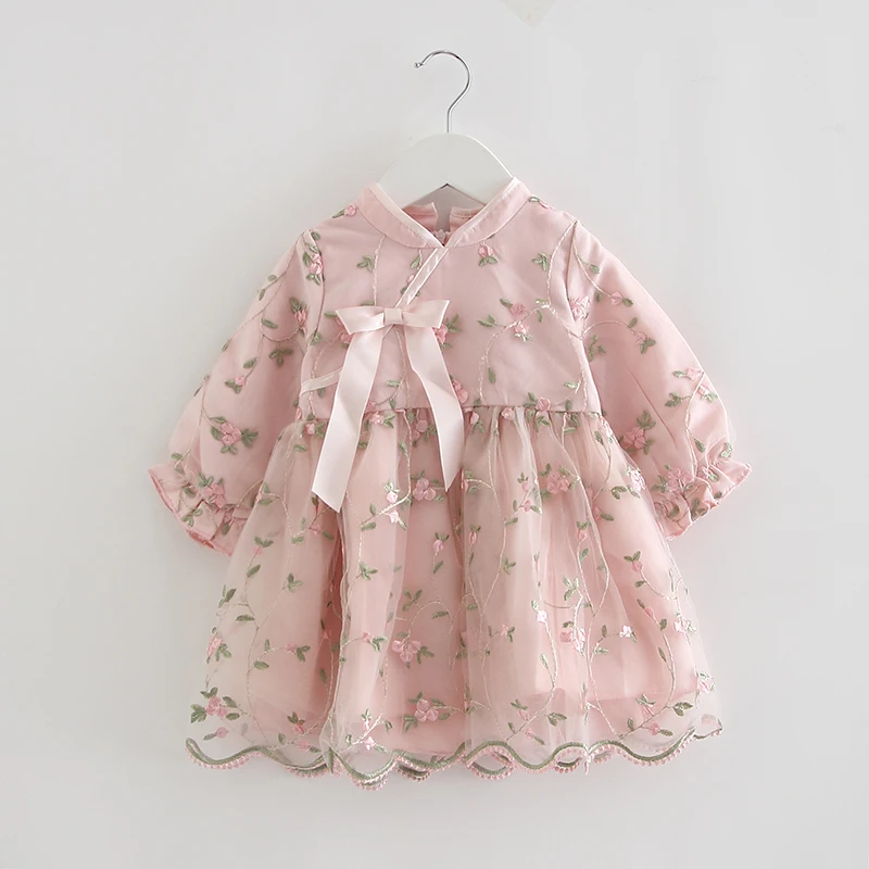 

Baby Girls Dress Chinese Style Mesh Flowers Embroidery Wedding Princess Party Pageant Lace Dress Kids Clothes with Big Bow 0-5Y