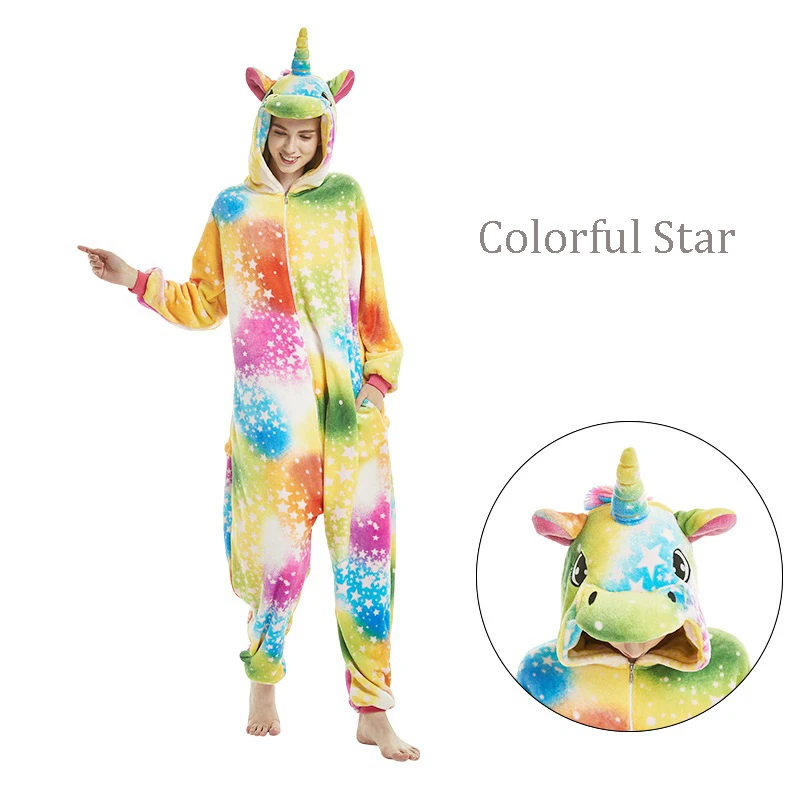 colorful star Аниме кигуруми Единорог пижамы женские животные взрослые комбинезоны Пижама единорог с капюшоном пижамы зимние фланелевые комбинезоны - Цвет: colorful star