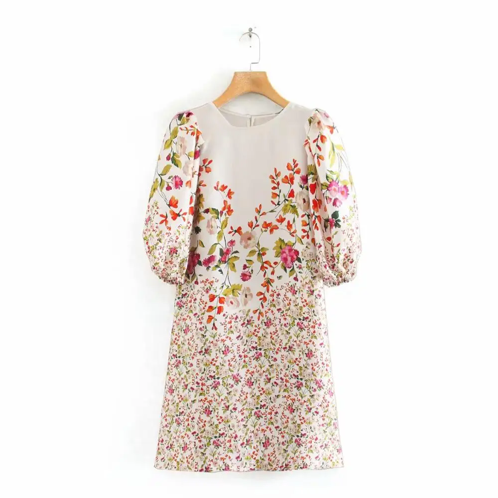 

women stylish casual flower pattern mini dress o neck back button ladies lantern sleeve dresses new elegant female vestidos