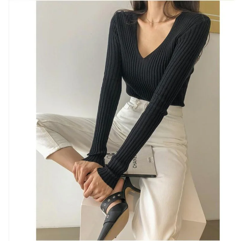 

Женский пуловер с v-образным вырезом, минималистичный облегающий однотонный джемпер, разные цвета, новинка 2020, Осень-зима, CL476