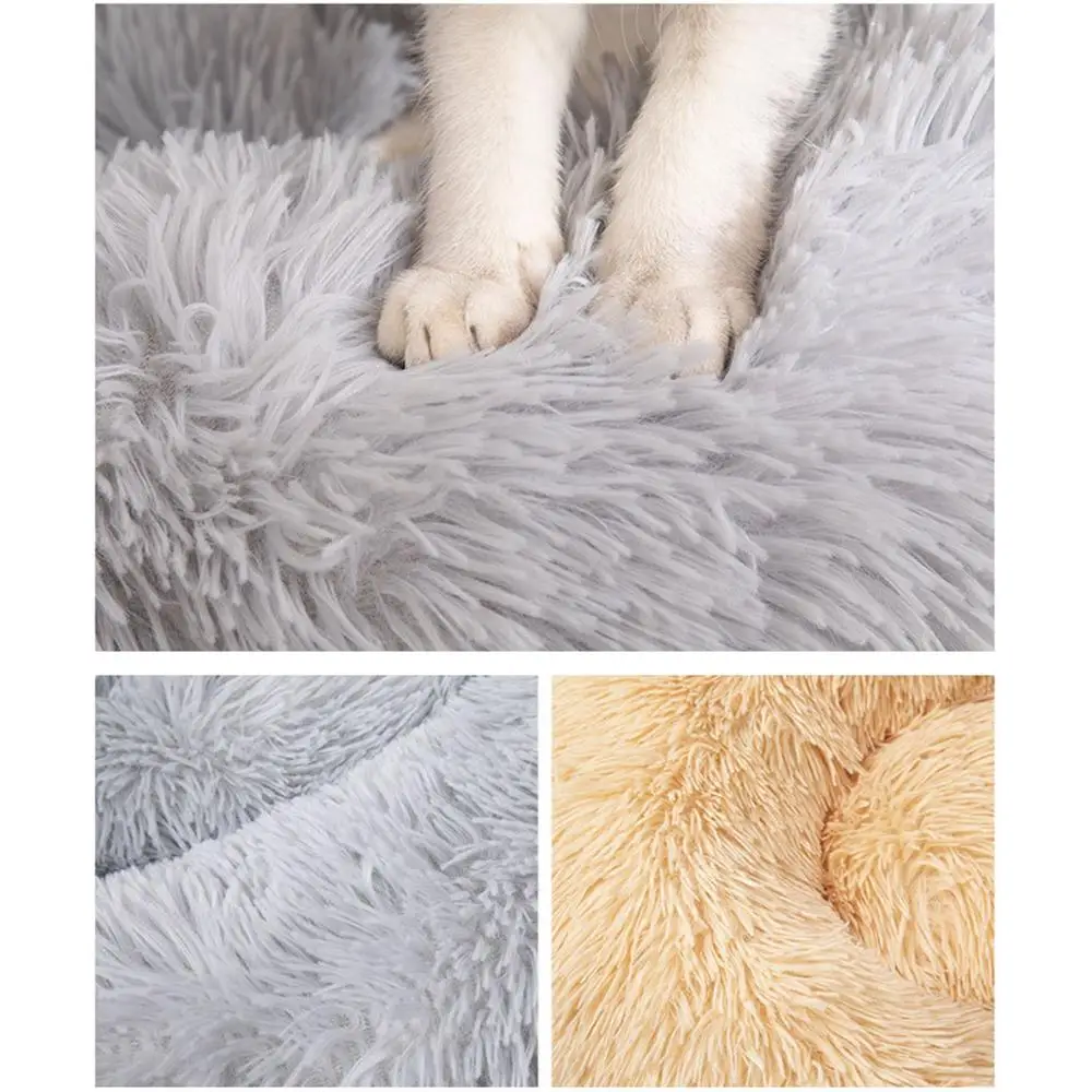 Round Dog Bed Cat Kennel Long Plush Soft Pet Bed House Puppy Dog House Mat Round Shape Soft Plush Comfortable Pet Cushion Nest
