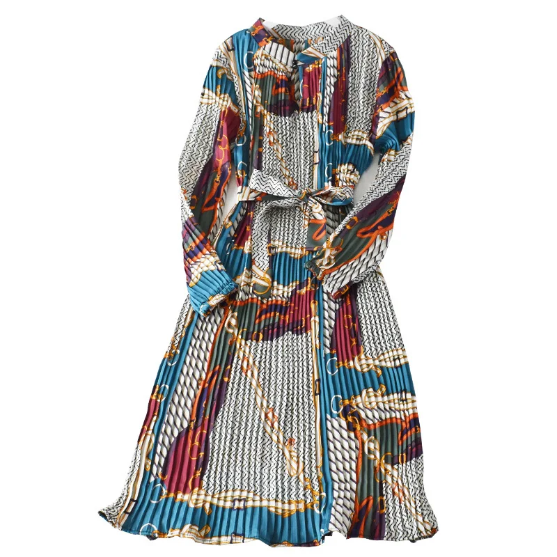 

2020 Euro Ladies Dress Printed Sashes Pleated Mid-calf Dress Women Dress Long Sleeves Middle Dress Female Swing Dress