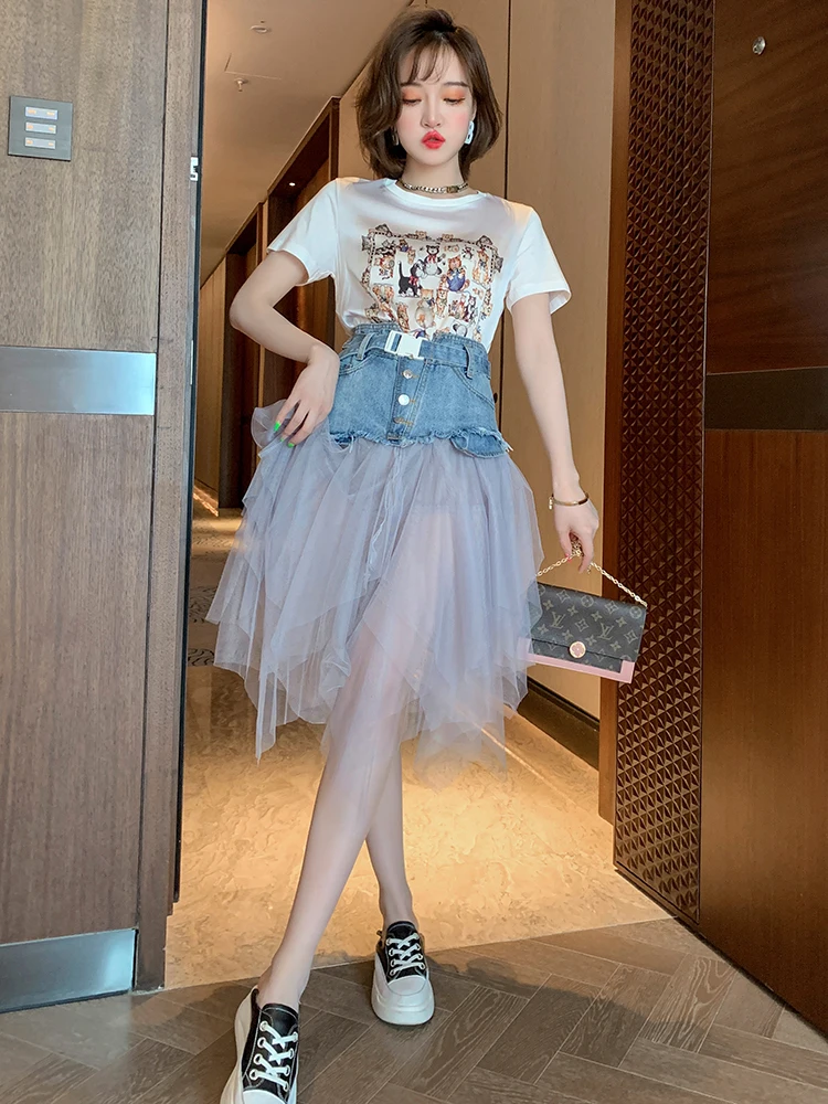 美品激安通販 スタイリッシュクールプリントtシャツ ハイウエストデニムステッチメッシュ不規則なオーバースカートスーツ 女性ファッション夏新 サイバーボッツ Signature Johaness Com