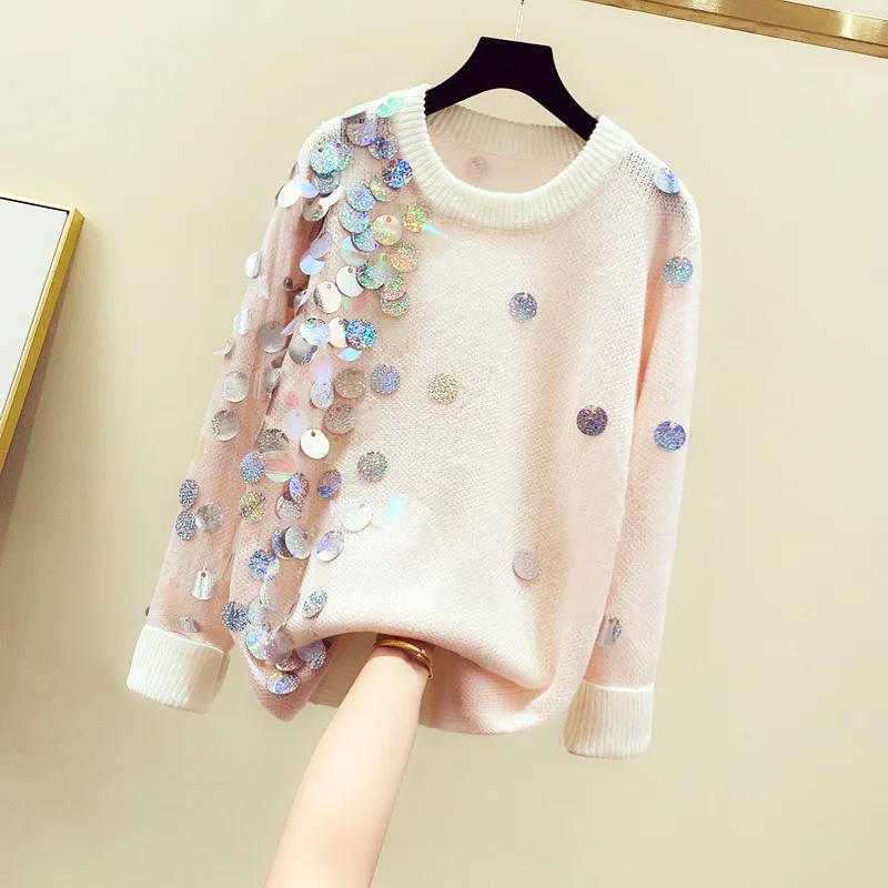 

Sequins Lazy Pullover Women Sweater 2020 Autumn New Koreanstyle Loose Long Sleeved Knitted Sweater Girls Lady Long Pullovers