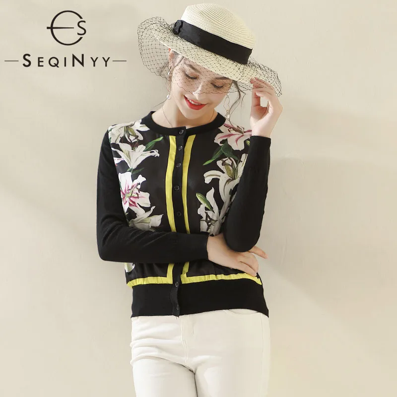 

SEQINYY High Street Cardigans 2020 Spring Autumn New Fashion Design Women Long Sleeve Romantic Lily Flowers Printed Knitting Top