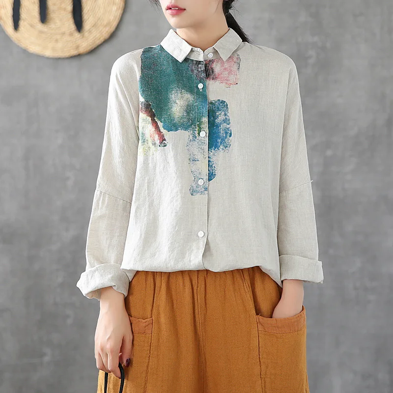 Johnature Print Blouse Women Clothes 2020 New Spring Shirt Turn-down Collar Button Casual Cotton Linen Leisure Loose Ladies Tops | Женская