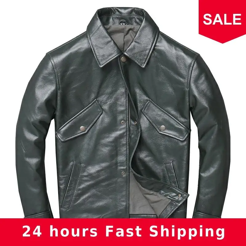 

2020 Green Men Smart Casual Leather Jacket Double POckets Plus Size XXXXL Genuine Cowhide Autumn Russian Leather Coat