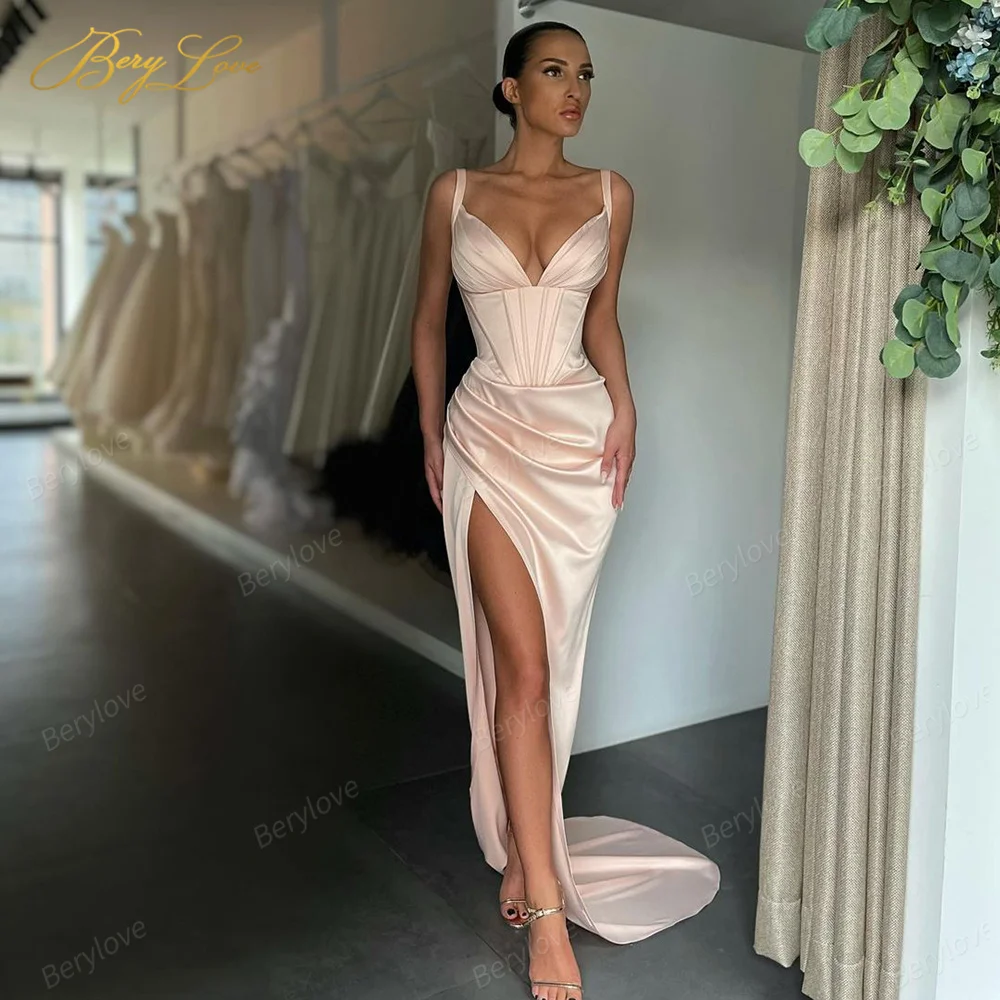 

Berylove Sexy Satin Evening Dress Spaghetti Strap High Slit Prom Dress Corset Evening Gowns Christmas Party Dress Robe de soiree