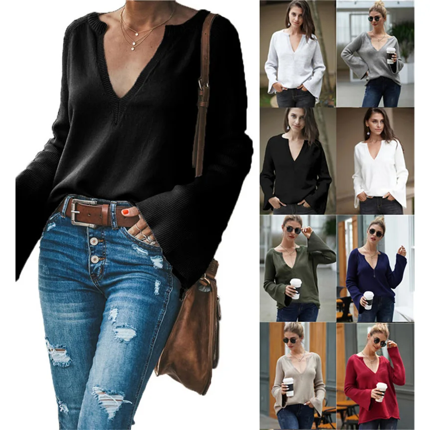 

V Neck Sweaters Long Sleeve Solid Color Chic Loose Autumn Winter Female Fashion Jumper Basic Soft Knitted Tops