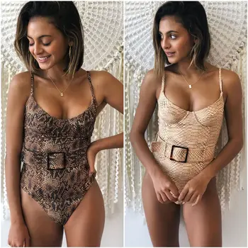 

Woman swimsuit one piece monokini Snake Printed Buckless sexy swimwear women 2020 High cut Belt bodysuits Bathers bathing suit